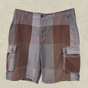 G&M Men's Plaid Brown/Gray Large Checker Cotton Cargo Shorts - 34